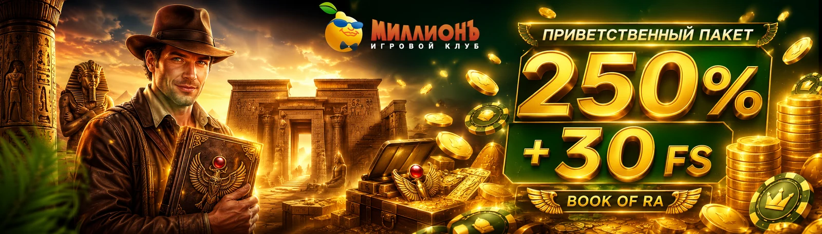 Бонусы казино Миллион — приветственный пакет 250% + 30 FS